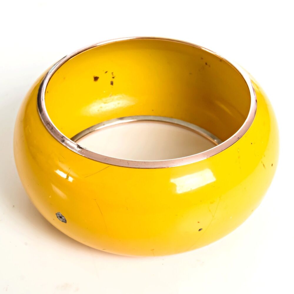 Vintage Yellow Enamel Wide Bangle Bracelet Silver Tone Metal